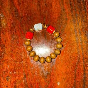 Wooden Bead Bracelet with Orange/Red Accents